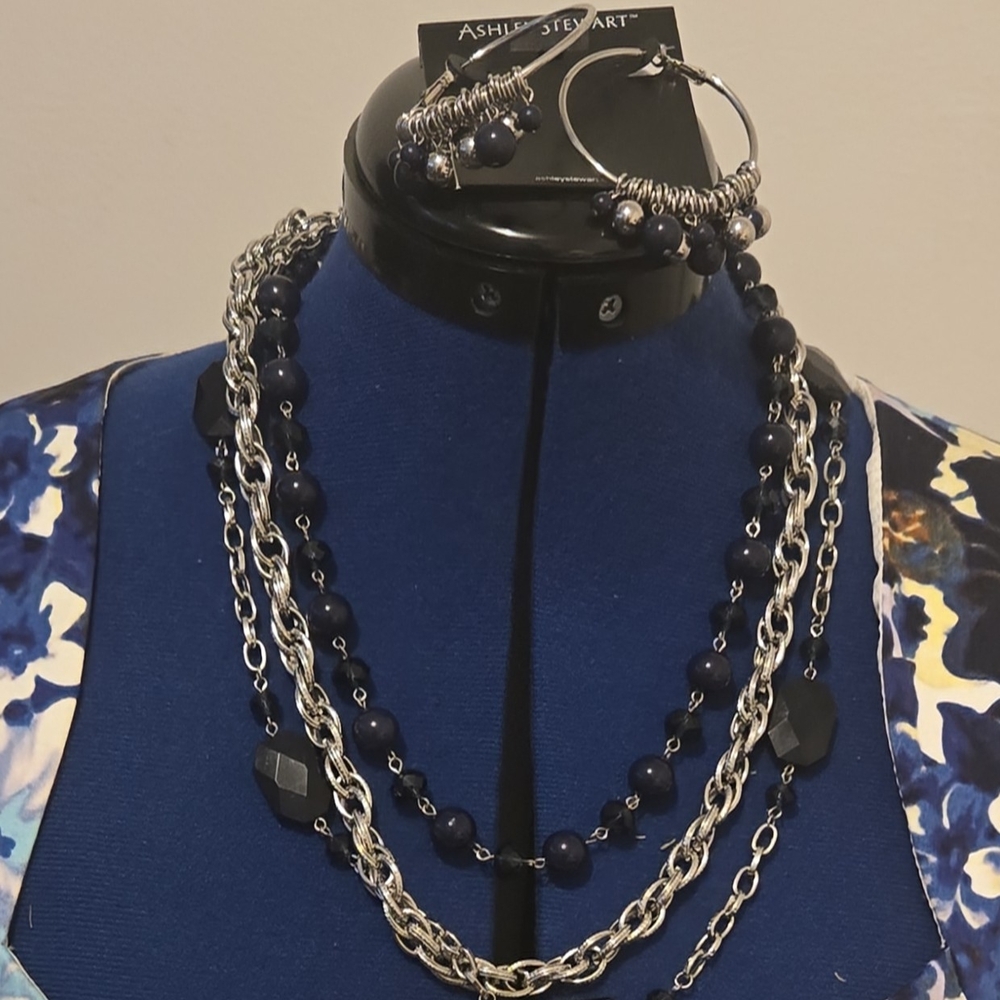 Ashley Stewart Silver and Navy Necklace Set